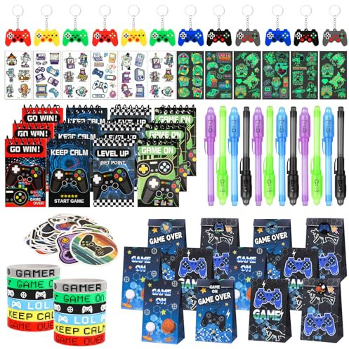 ARIEL-GXR 122 PCS Video Game Party Bag Fillers, Gaming Party Favours, Boys Party Bags with Gift Bags Silicone Bracelet Keychain Mini Notebook and Glow Temporary Tattoos, Goodie Bag Fillers for Kids