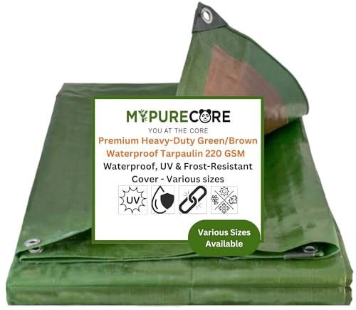 MYPURECORE Heavy-Duty Tarpaulin 220 GSM – Waterproof, Dual-Colour Green/Brown, Reinforced Eyelets Every 50cm, Ideal for Camping, Garden, Greenhouse, Outdoor Furniture, Trailers & Sheds (10m x 12m)