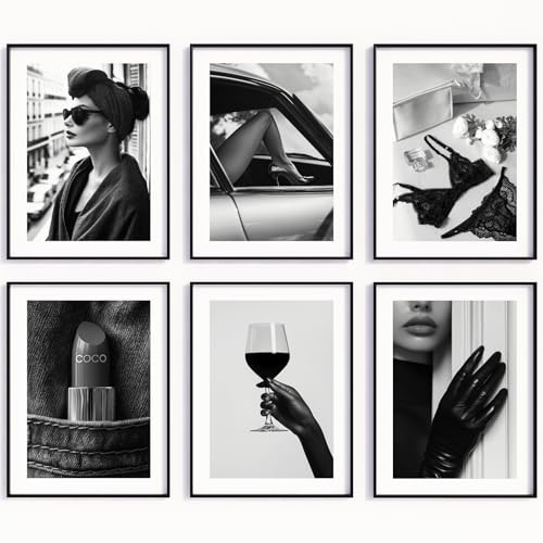 MJ-GRAPHICS® 6 Poster Chic Noir Poster Set Fashion Bild Coco Kunstdruck Feminin Wohnzimmer Wein Wandbild Schwarz Weiß Fashion Eleganz Lippenstift Wein High Heels Coco Boho – A4 Ohne Rahmen