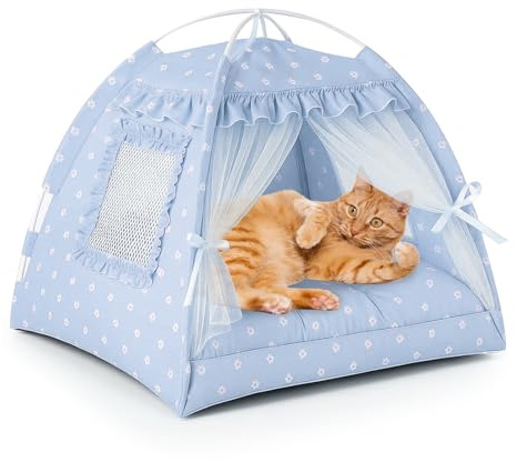 VINGVO Chien Tente tipi pour Animaux, Maison Chien Interieur, Animaux Tente avec Coussin Lavable, Cabane Chat Interieur, Maison pour Chat (Dentelle Bleue, L)
