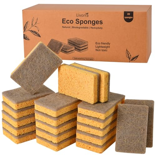 Livorra 20 Pack Eco Sponge Washing up - Kitchen Dish Sponges with Natural Cellulose Sponges, Biodegradable Reusable Washing Up Sponge