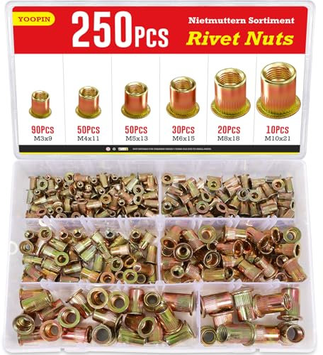 YOOPIN 250PCS Rivnut Kit, Zinc Plated Carbon Steel Rivet Nut, M3 M4 M5 M6 M8 M10 Rivnuts Assortment Set, Flat Head Threaded Insert Nut for Metal Sheets, Electrical Appliances and Industrial Products