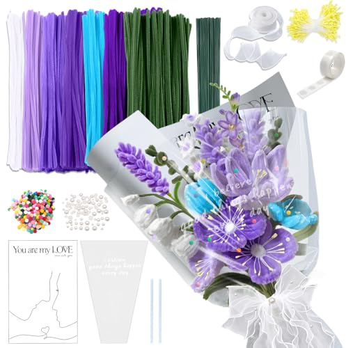 Ronronner 622 Pezzi Scovolini Colorati per Lavoretti, Scovolini per Lavoretti Pipe Cleaner, 7 Colori Scovolini per Pipa Bastoncini Decorativi in Ciniglia, con Steli di Fiori, Nastro, Pistilli - Lilla