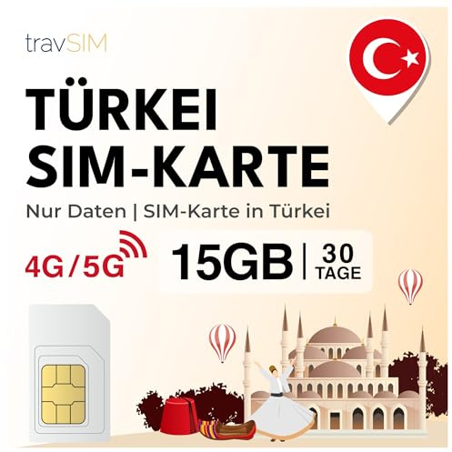travSIM SIM-kort Turkiet | 30 dagar – 15 GB SIM-data | 5G/4G höghastighetsdata | obegränsad internetåtkomst för Google, Facebook, Whatsapp, Instagram med mera