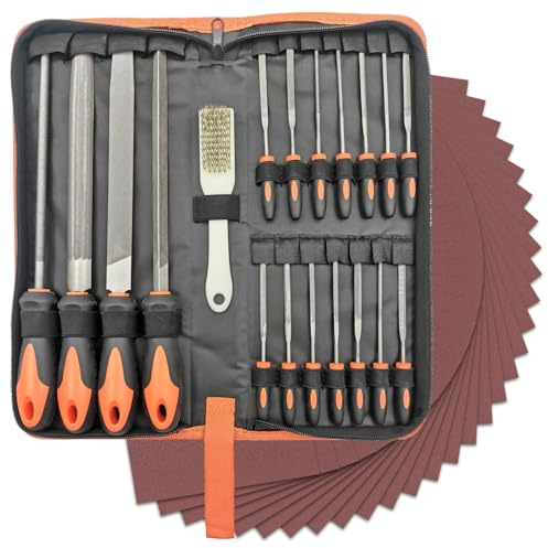 Metal File Set 49PCs Professional Files Tools with Case, Flat/Half/Round/Triangle File Sets for Wood and Metal Perfect DIY Tools, Includes 4 Large Files, 14 Pcs Needle Files, 30 Pcs Sandpapers