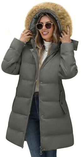 Yuson Girl Damkappa vinter lång elegant vadderad jacka tung vind dunjacka avtagbar päls huvjacka ledig parkas varm utomhusjacka, Grå, M