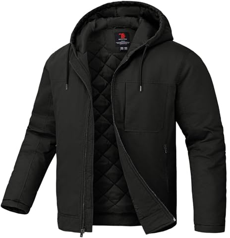 TBMPOY Men's Winter Work Jackets Hooded Quilted Lined Workwear Utility 4 Pockets Cotton warm Active Coats Black XL