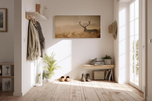 Sinus Art Wandbild 100x50cm Der majestätische Hirsch im Nebel erzeugt eine ruhige kraftvolle Stimmung im Raum