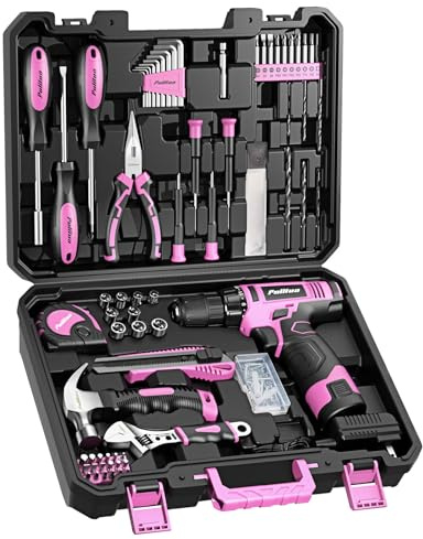 PULITUO Drill Set, 148-Piece Home Tool Set with 12V Pink Cordless Drill, Hand Tool Kits, and Tool Box, Suitable for Men, Women, and DIY Enthusiasts for Home Improvement.