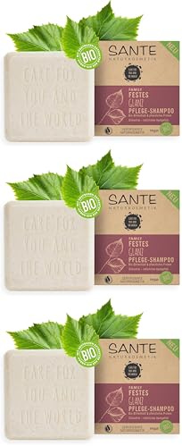 SANTE Naturkosmetik Festes Shampoo für glanzloses und normales Haar, Vegane Formel mit Bio-Birkenblatt und pflanzlichem Protein, Festes Glanz Pflege-Shampoo, 1 x 60 g (Packung mit 3)