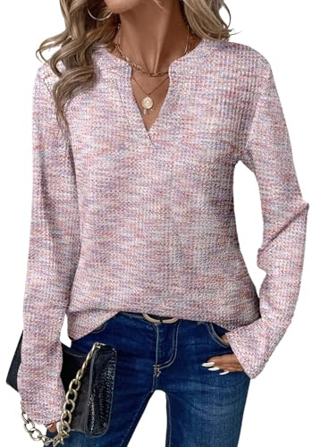 EIRUKON Camiseta Manga Larga Mujer Cuello en V Camisetas Manga Larga Elegante Blusa de Waffle Moda Otoño Invierno Ligera Jersey Casual Top,Rosa,M