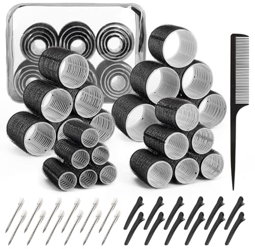 4 Sizes Hair Rollers for Women Set - 50 Pcs Hair Curler Rollers with Clips, Self Grip Hair Rollers for Long, Short Hair and Bangs, 25mm, 36mm, 48mm, 60mm, Black
