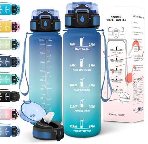 Motswedi Borraccia 1 litro, a Prova di Perdite, Borraccia Palestra, senza BPA, Borracce con Cannuccia, Con 2 Tappi, Bottiglia Acqua, Borracce 1 litro, Per Scuola, Ufficio, Sport, Blu Verde