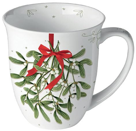 Ambiente Tazza in porcellana, ca. 400 ml, Bone China Mug per tè o caffè, autunno, inverno, Natale, Natale, Mistletoe con fiocco bianco