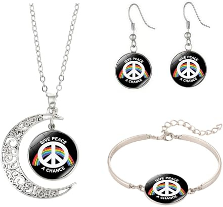 ZENRUIMING Ensemble de bijoux symbole de paix, « Give Peace A Chance » en alliage de verre, collier, boucles d'oreilles, bracelet, pendentif croissant de lune, cadeau de style bohème vintage pour
