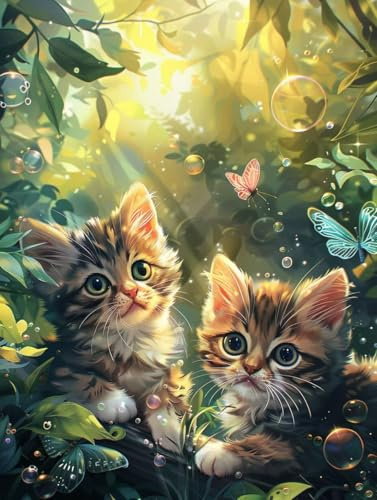 5D Diamond Painting Adultos, Diamond Painting gato Mariposa, Kit Pintura de Diamantes DIY Cristal Bordado Artesanía, Pintura Diamante Kit para Principiantes, Decoración Del Hogar 50x70cm 0j-573