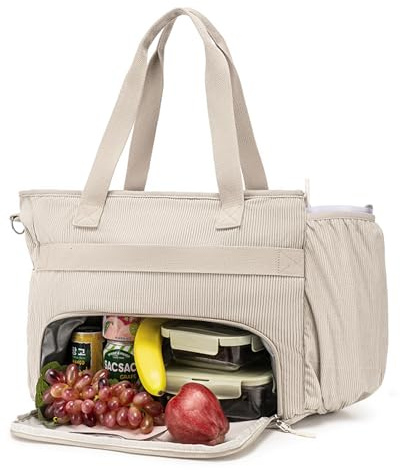 Makukke Borsa da Lavoro da Donna con Scomparto Termico per il Pranzo, 12 Scomparti, Ampia Shopper in Velluto a Coste, Tasca per Laptop da 15,6 Pollici (Beige)