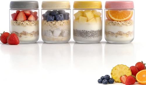 MEEYUU 500ml/16oz Glass Overnight Oats Jars 4 Pack, Airtight Leakproof Mason Jars for Homemade Yogurt, Smoothies, Salads & Meal Prep (16oz-4 Pack-A)