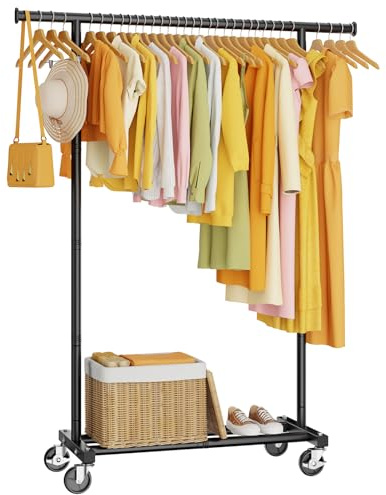 HYSEYY Heavy Duty Clothes Rail, Rolling Clothes Rack, Clothing Rail with Lockable Wheels & Shelf, Sturdy Clothing Rack for Bedroom, Laundry Room, Portable Hanging Rail, 162H x 102W x 42D cm, Black
