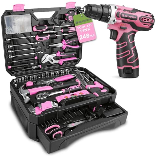 BLOSTM 248 Piece Pink Tool Kit with Drill | 12V Cordless Pink Drill Set for Women, Hand Tools for DIY, Repairs, Portable Large Toolbox with Storage Drawer, Screwdrivers