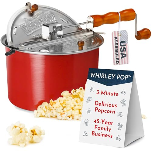 Original Whirley Pop Popcorn Machine – 3-Minute Stovetop Popcorn Maker, Home Movie Night, Movie Snacks – Aluminum Pot With Nylon Gears – Wabash Valley Farms (Red)
