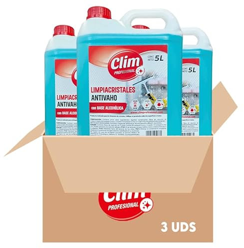Clim Profesional Liquido LimpiaCristales 3x5 Litros | De secado rápido antivaho. Para todo tipo de superficies de vidrio, cristal o espejo.