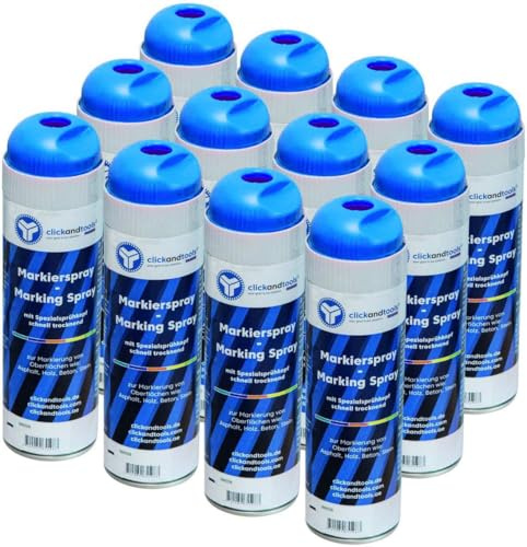 clickandtools Markierungsspray leuchtend blau 12'er Pack mit Spezialsprühkopf, schnell trocknend