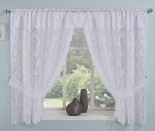 Maple Textiles Victorian Lace Floral Pattern Window Curtain Net Set in White with Attached Pelmet/Valance Tiebacks Included 110 Width x 54 Drop (280 cm x 137 cm)