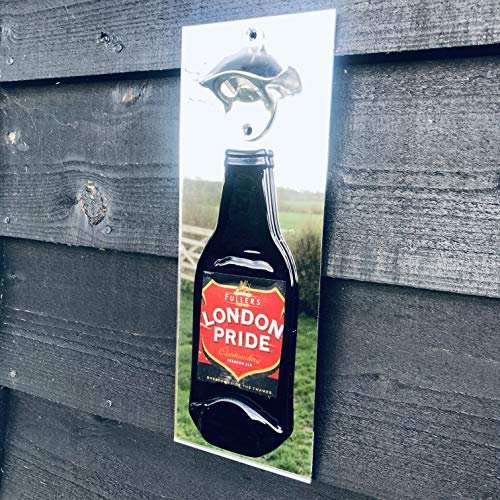 Apribottiglie da birra London Pride, montato a parete su retro in acrilico a specchio. Prodotto nel Regno Unito.