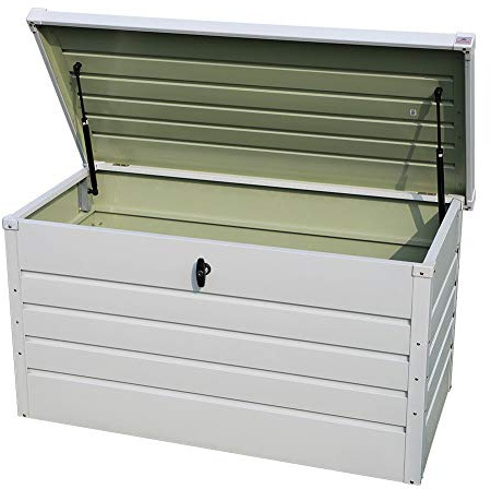 DKIEI 360L Metal Garden Storage Box Waterproof Outdoor Storage Container Furniture Deck Box Outdoor Storage Bench with Lockable Lid for Patio Cushions Tools and Pool Toys White
