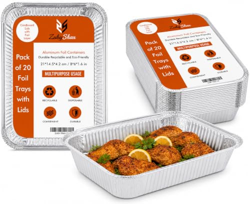 ZubyShax 20 Pack Aluminium Foil Trays with Lids 800ml Heavy Duty Disposable Food Containers 21 x 14.5 x 4.2cm Oven Safe Foil Baking Trays for Meal Prep, BBQ, Roasting & Food Storage