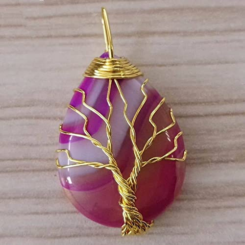Collana Da Donna In Pietre Naturali,Ciondolo In Agata A Strisce Fucsia Naturale Fatto A Mano Filo D'Oro Avvolto Albero Della Vita Collana Pietra Preziosa Collane Ciondolo Pietra Collana Donne Gioiel