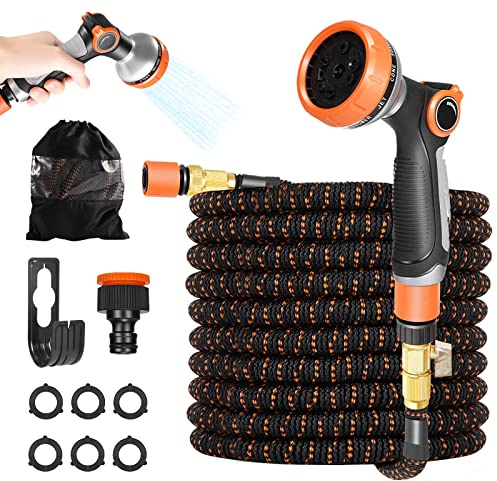 Manguera de Jardín 15m/50ft, Manguera Extensible con 10 Funciones, Manguera Riego Flexible con Doble Capa de Látex, Tela 2500D, Conectores de Latón de 1/2 y 3/4 Pulgadas Amarillo negro