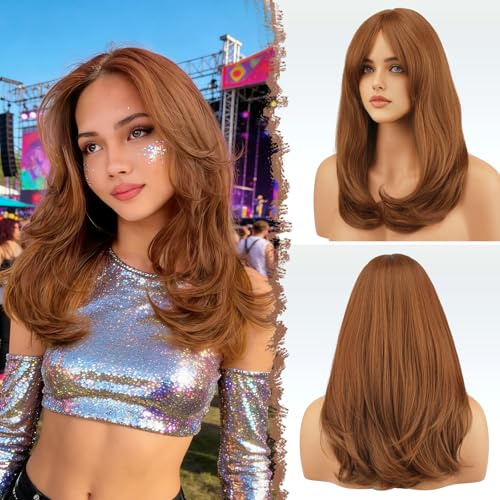 FESHFEN Lang Perücken mit Pony, 45 cm Damen Perücken Auburn Synthetik Haar Natürlicher Look Kunsthaar Haarperücke für Frauen für Tägliche Party Cosplay