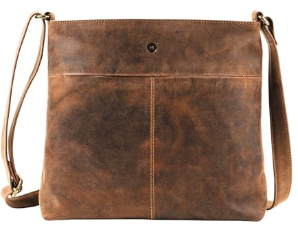 moonster Echtleder Handtasche Damen – Leichte, Mittelgroße, Dunkelbraune Umhängetasche Damen - Echtes Leder Cross Body Bag Damen Vollnarbenleder, Tasche Damen 3 Zipper, 2 Einschübe, Schlüsselband