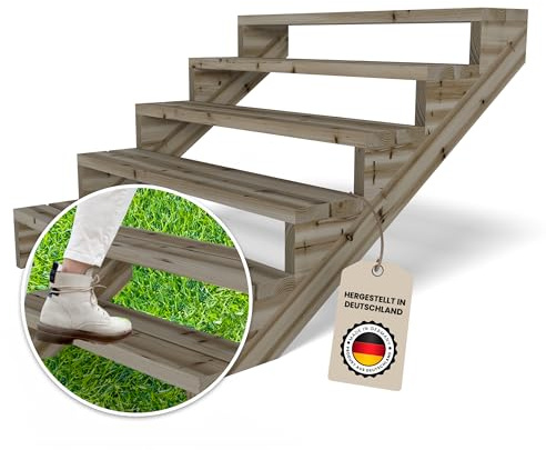 Gartenwelt Riegelsberger Escalier de terrasse Largeur 120 cm Escalier avec 5 marches Hauteur d'étage 89 cm En pin massif imprégné sous pression Kit complet de joues, planches et vis Vert