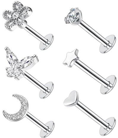 Besyvvin 6er Lippenpiercing Labret Stecker 1,2mm Chirurgenstahl Piercing Lippe Helix Tragus Knorpel Steckers 6mm Silber Gold