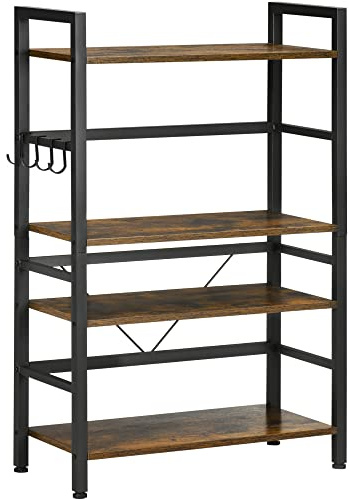 HOMCOM Étagères de Cuisine Support pour Micro-Ondes Meuble de Rangement avec 4 étagères et 4 Crochets Cadre en Acier Noir et Bois Aspect Marron dim. 65L x 30l x 102H cm