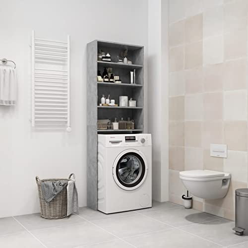 Gecheer Mobile Armadio per Lavatrice Moderno Salvaspazio in Truciolato,Grigio Cemento,64x24x190 cm,Mobile per Lavatrice con Ripiani,Mobile per Lavatrice Salvaspazio