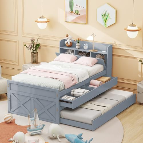 NNJN 90x190cm Einzelbett Massivholzbett Kiefer Multifunktionales mit ausziehbarer Schublade Lattenrost, Nachttisch mit Ablagen mit USB-Buchse Jugendbett Gästebett (Grau)