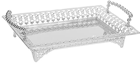 VINTORKY European Style Handheld Plate Metal Serving Plate Snack Serving Tray Fruit Basket Lid 30x18cm Silver for Home