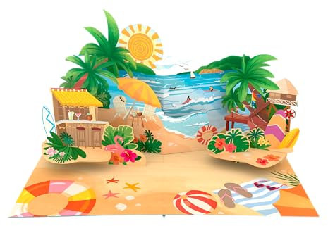 Liebessa 3D Pop Up Karte: Zauberhafte Urlaubsmomente am sonnigen Strand – Perfekter Reisegutschein, GutscheinKarte, Geschenkkarte & Geburtstagskarte für unvergessliche Augenblicke.