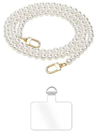 EUUOG Étuis à bandoulière et cordon pour téléphone portable,Pendentifs pour téléphones portables,Cordon de perles blanches pour téléphone portable Cordon de perles pour sac à main (120CM)