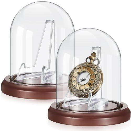 Beeveer 2 Pack Pocket Watch Glass Display Dome Clear Ornament Glass Cloche Display Dome Decorative with Acrylic Stand and Brown Wooden Base for Watch Medals Photos Antique, 4.33 x 3.15 inch