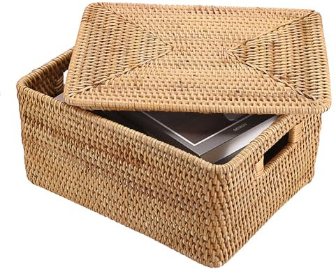 IGNPION Cesta de almacenamiento de ratán con tapa, cesta de almacenamiento decorativa de mimbre para estantes, caja de almacenamiento tejida para baño, armario y mesa, contenedor de almacenamiento