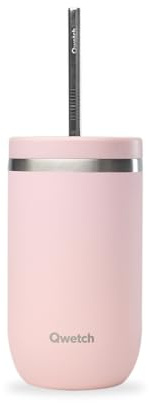 QWETCH – Vaso Térmico Cold Cup 470ml con Pajita Inox Rosa Pastel – 24h Bebidas Heladas – Acero Inox Reciclado – Antisalpicaduras – Ideal para Café Frío, Bubble Tea y Agua Saborizada