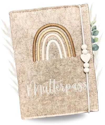 Premium Mutterpasshülle aus Filz für deutschen Mutterpass - mit Fächer für Ultraschallbild, Impfpass, Versichertenkarte - Handmade Mutterpass Schutzhülle - Lucky Rainbow