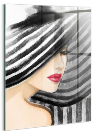 Wallfluent Wanddekoration 60x80cm Wandbild Mit Motiv Bild Gehärtetes Glas Für die Küche Badezimmer und Schlafzimmer Glasbild Dicke 4mm - Frau mit Hut