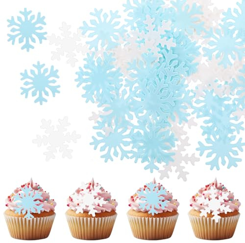 AOZUO 50 Stück Essbare Cupcake-Topper Mit Schneeflocken, Elsa Tortendeko Elsa Kuchen Deko Weißes Und Blaues Reispapier Kuchendekoration Für Weihnachten Winter Feiertage Party FrozenThema Hochzeit