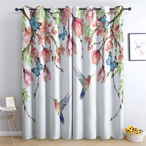 SZLYZM Vorhänge Kolibri Schmetterling, Verdunkelungsvorhang 2er Set - Vorhang Blickdicht Rosa Blumen Muster, Thermovorhang für Deko Wohnzimmer Schlafzimmer, Gardinen mit Ösen 245x140 cm (HxB)